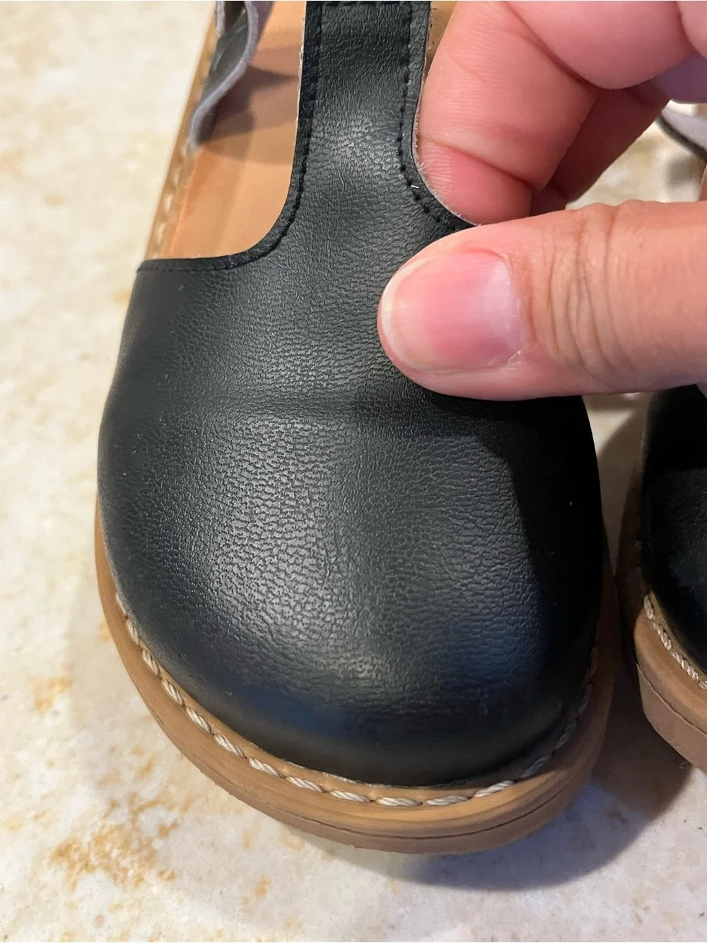 Kids Black T-Strap Leather Sandals